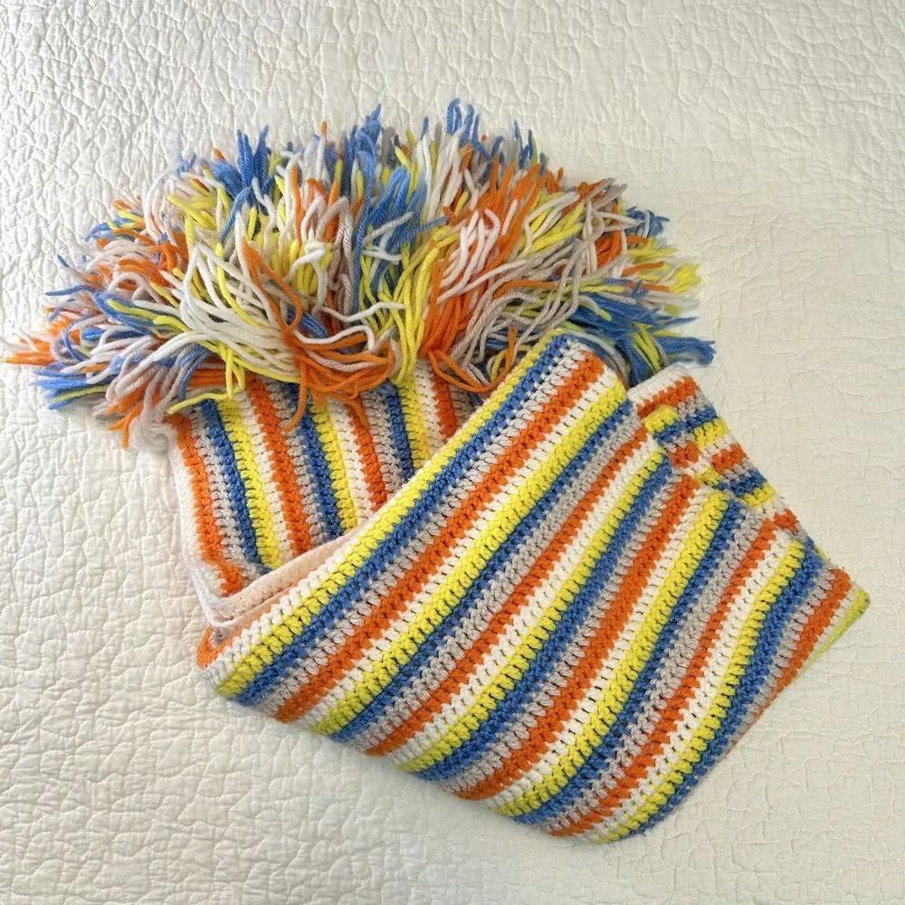 Handmade Vintage Cottagecore Orange Yellow Blue & White Afghan Blanket 56 x 41”
